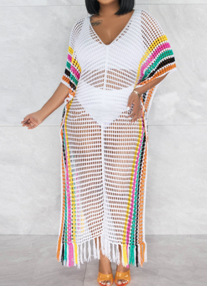 Women's Dress Wool Hand Crochet Knitted Tassel Color Matching Beach White / S Women's Dress Wool Hand Crochet Knitted Tassel Color Matching Beach White / S