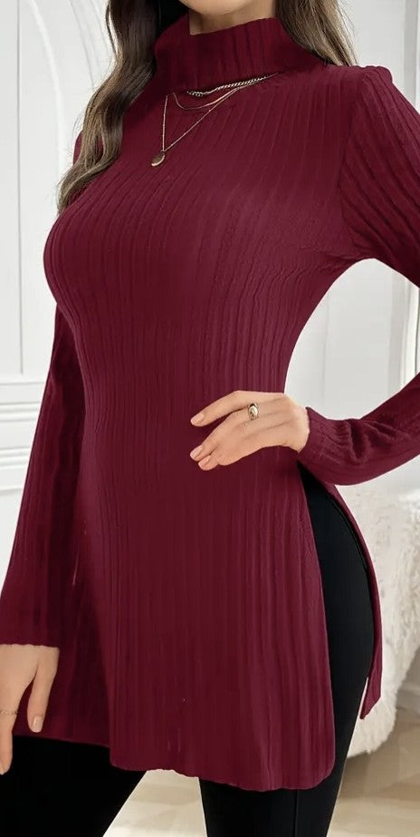High-Neck Long Sleeve Knitwear Sweater With Side Slit
