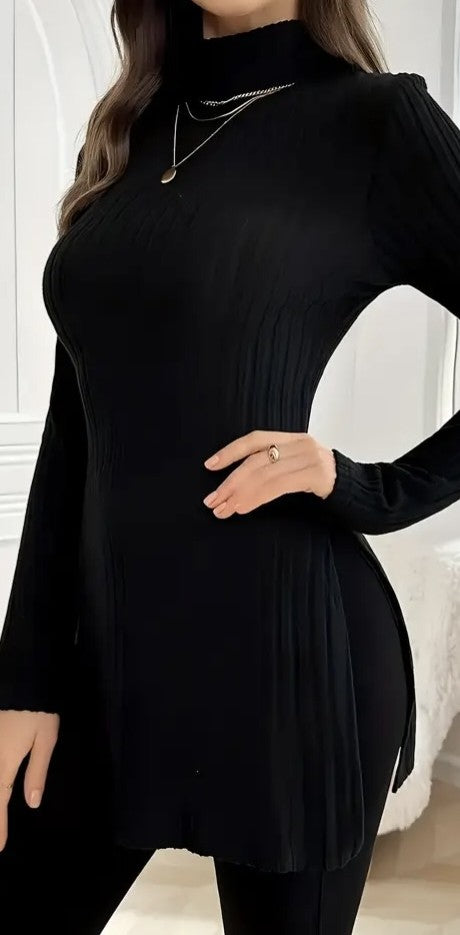 High-Neck Long Sleeve Knitwear Sweater With Side Slit