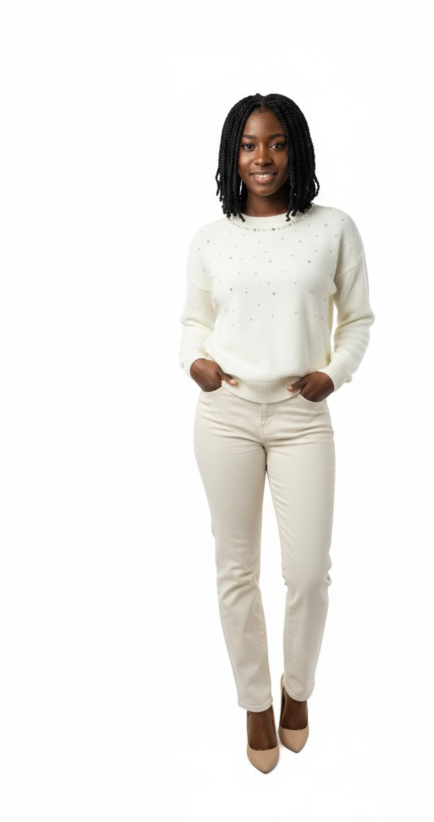 Crewneck Sweaters With Rhinestone And Pearls