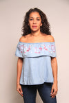 Denim Off The Shoulder Top With Embroidery