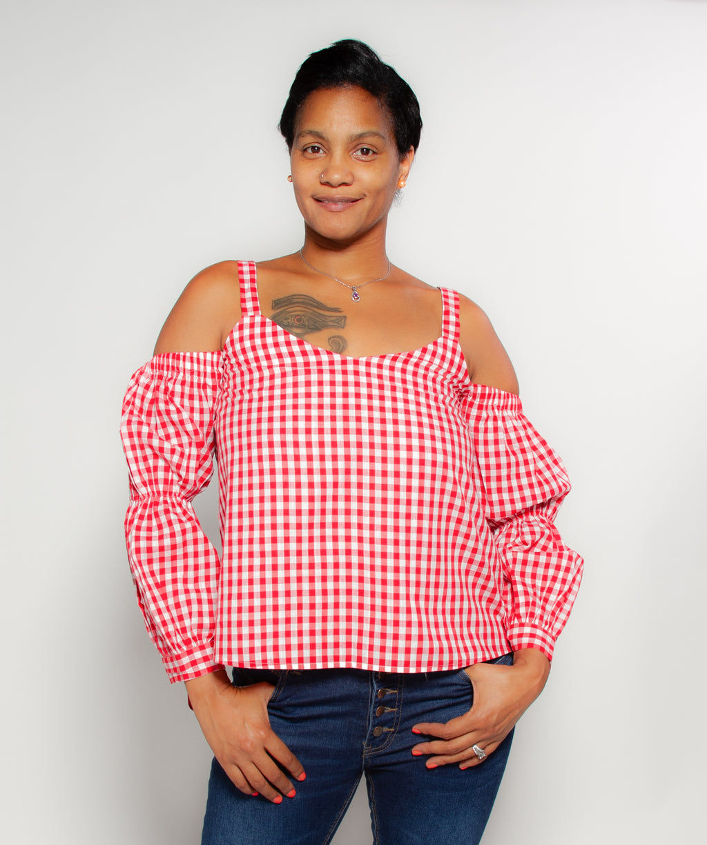 Gingham Cold Shoulder Tie Sleeve Shirt