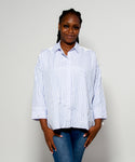 Lace Shoulder Blue And White Shirt With Pearl On Sleeve