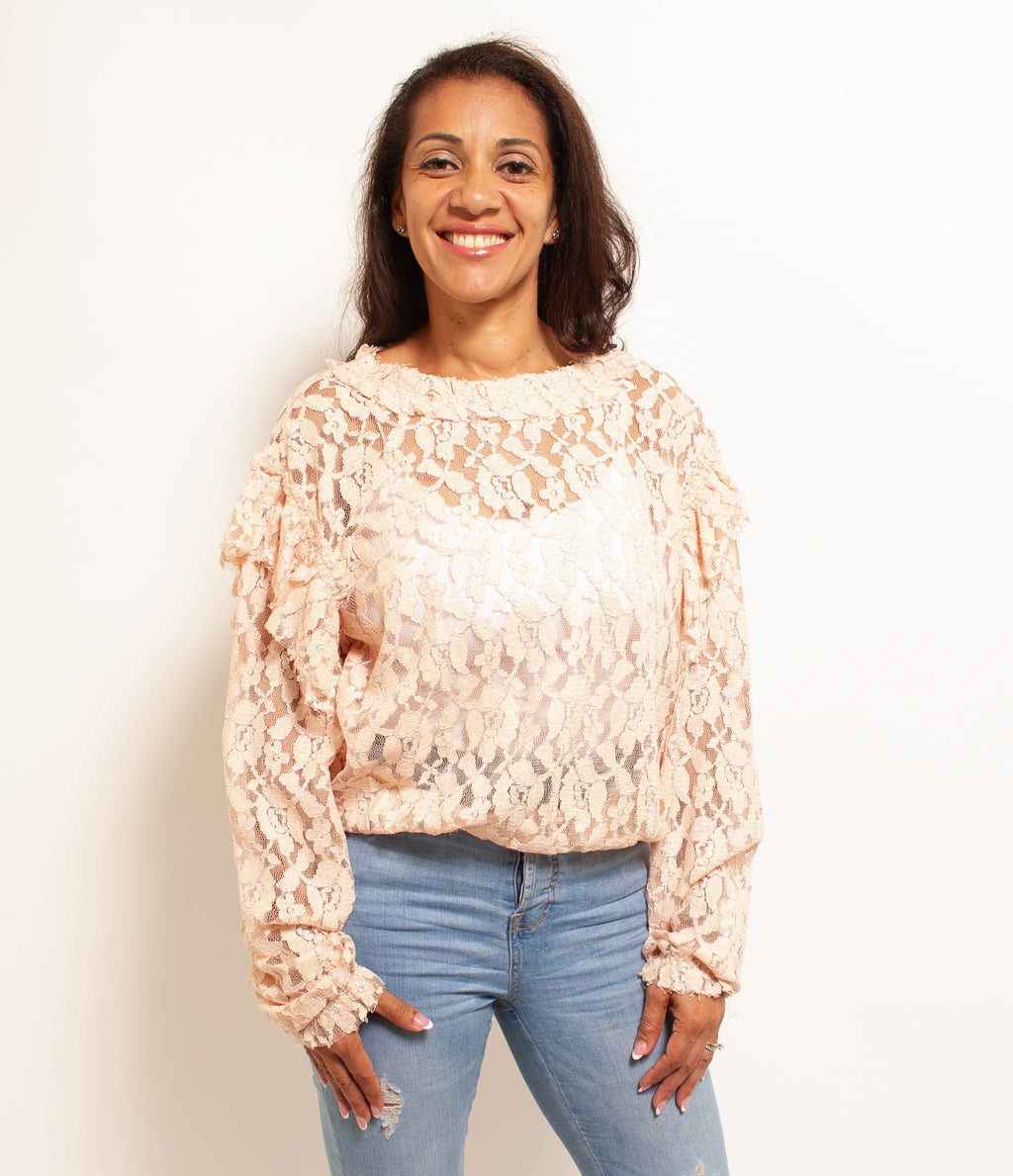 Pink Long Sleeve Lace Top