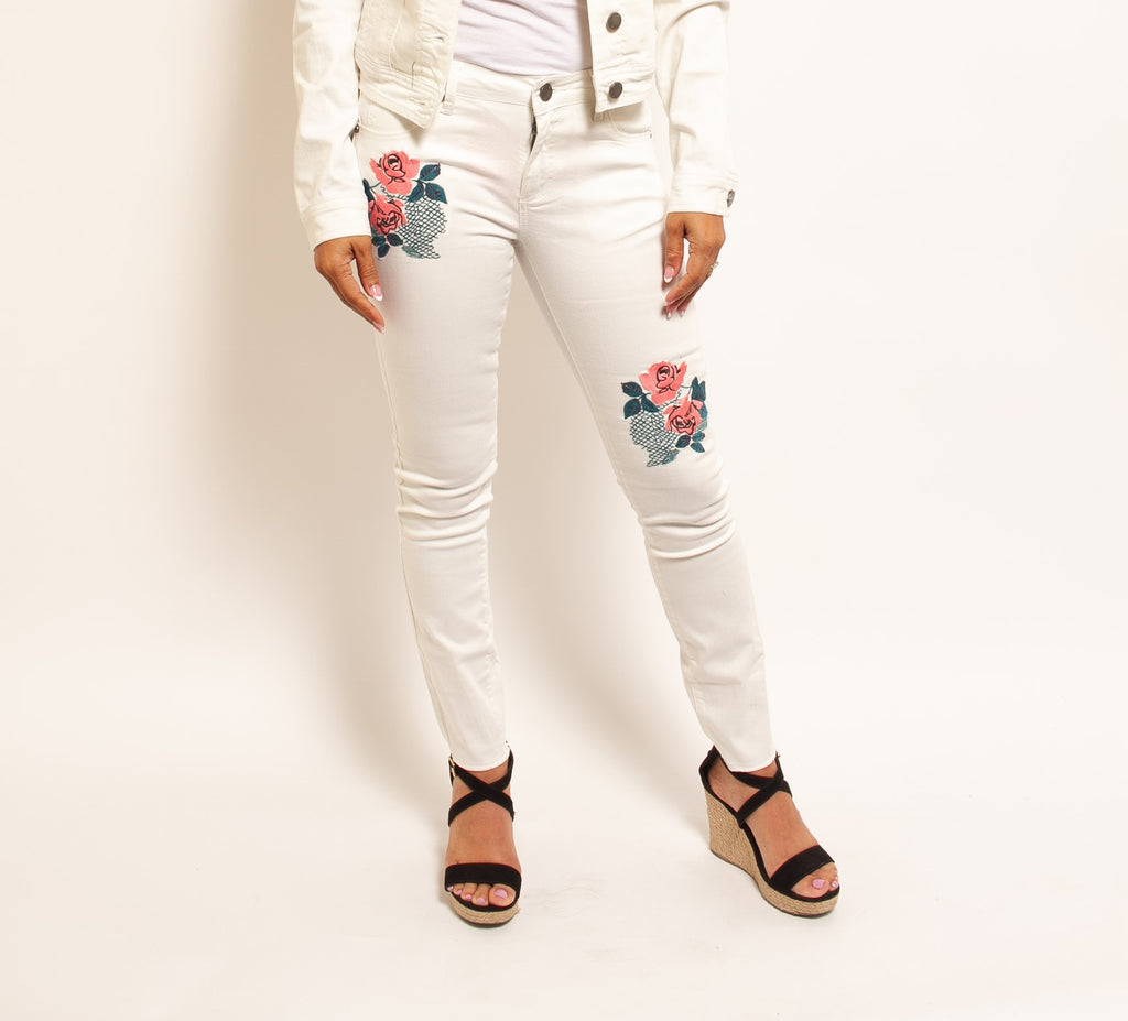 Cream Jeans Pants With Pink And Green Embroidery