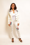 Cream Jeans Sets With Pink And Green Embroidery